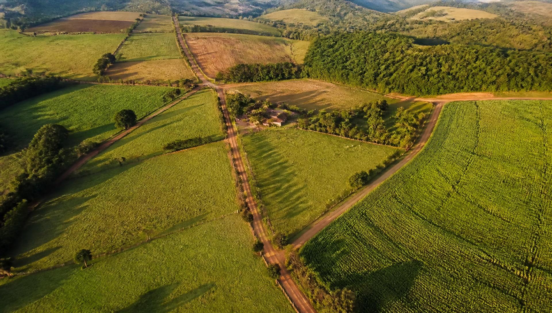 Imagem aérea de propriedade rural com lavouras e pastagens
