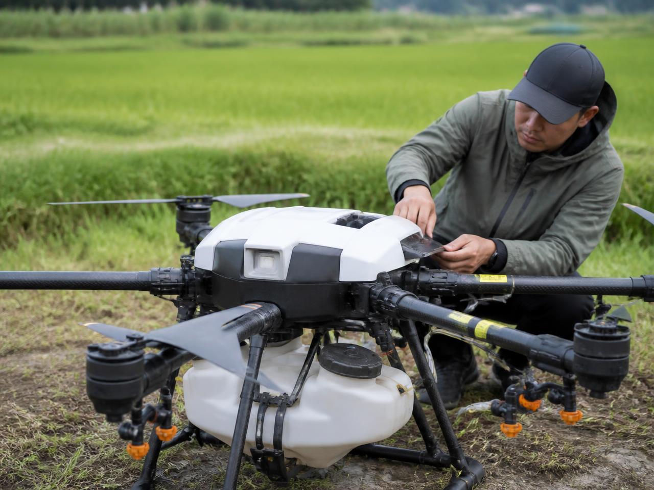 Operador preparando um drone agrícola para pulverização